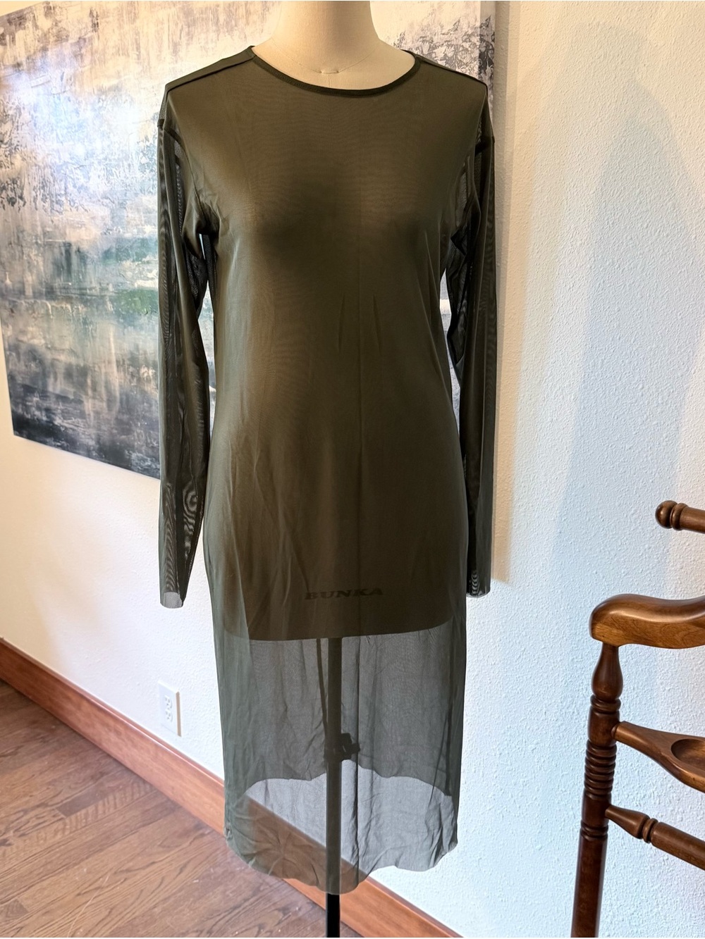 Universal Standard Thames Fog Nori Olive Green Sheer Long-Sleeve Midi Dress 4XS